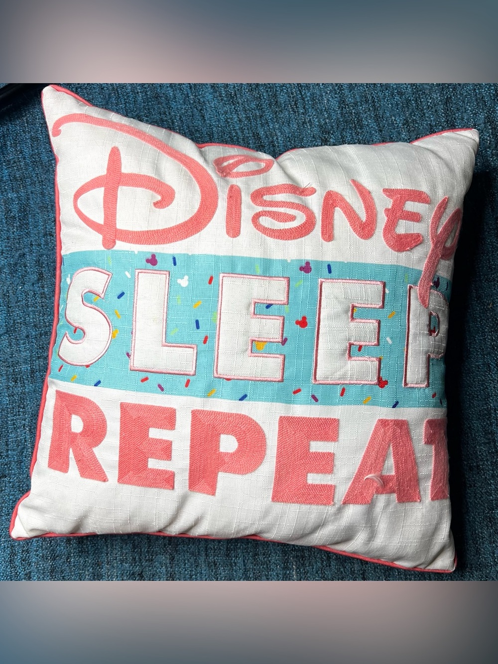Disney Sleep Repeat Embroidered 18" x 18" Throw Pillow White Pink Blue Sprinkles